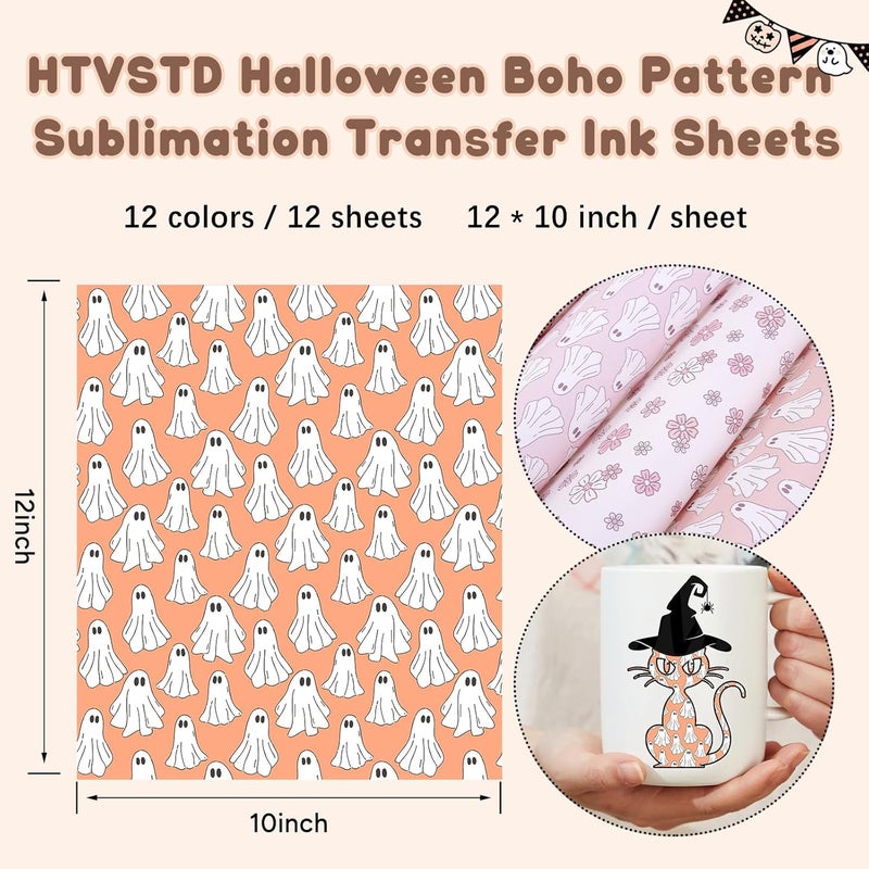 HTVSTD Halloween Sublimation Ink Transfer Sheets 12 Sheets 12inches * 10inches Boho Style Sublimation Paper Pastel Transfer Sheets for Mugs Tumblers DIY - Image 3